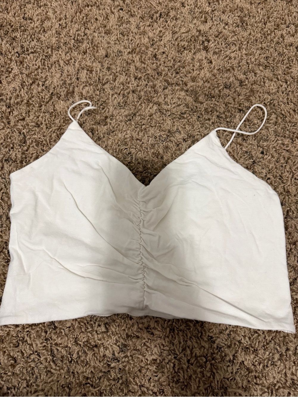 Garage White Ruched V-Neck Spaghetti Strap Crop Top
